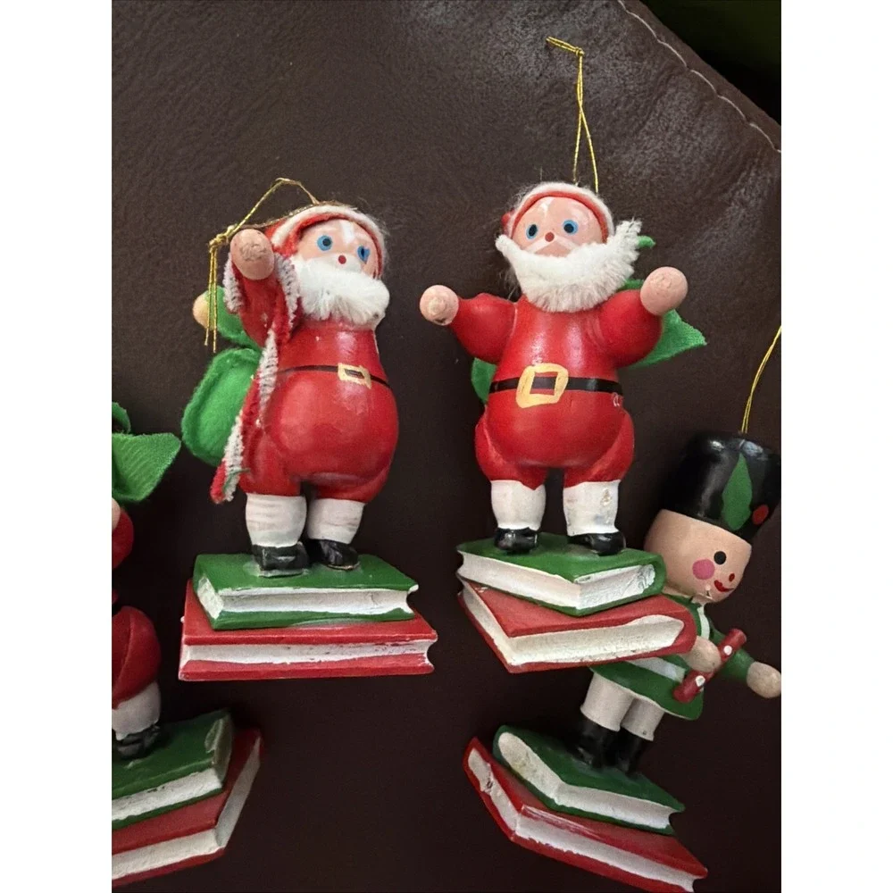 4 Vintage Santa & Snowman Wooden Ornaments Standing On Books Wood Christmas